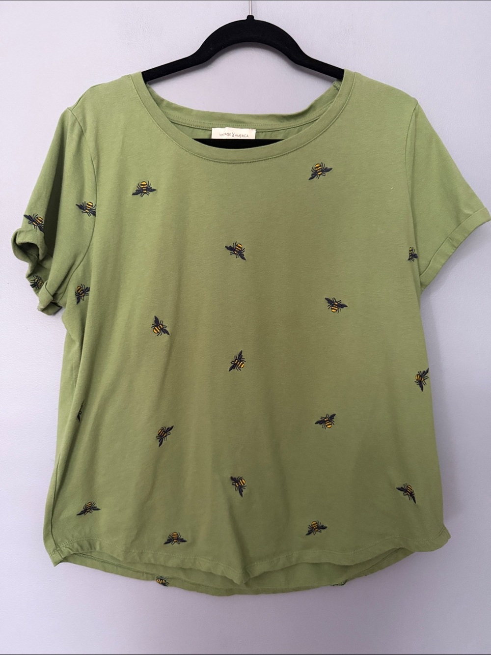 Vintage America Olive Green Bee Embroidered Tee Large Short Sleeve Boho